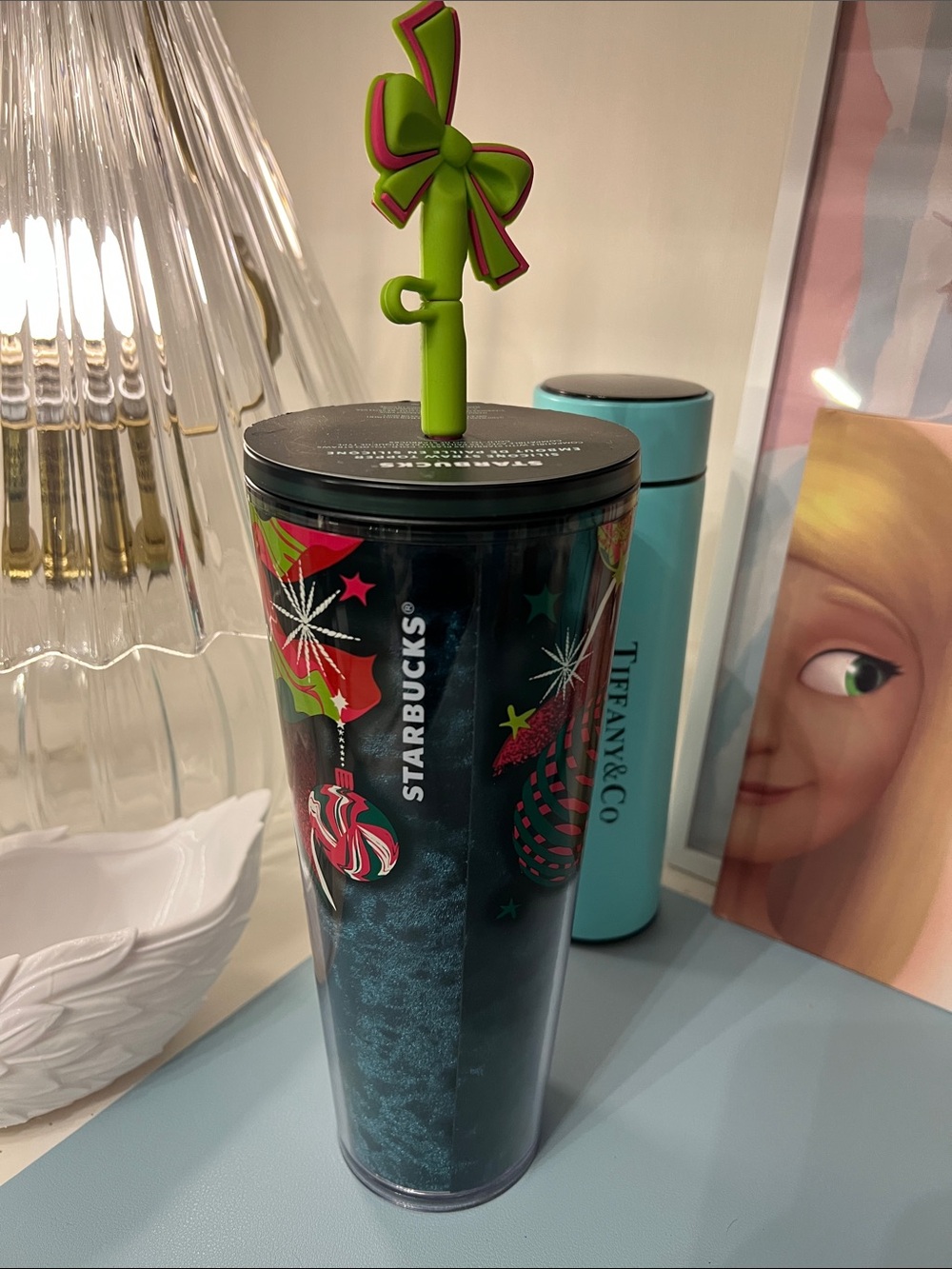 Starbucks Teal Shimmer Holiday Tumbler with Lime Green Bow Straw Topper